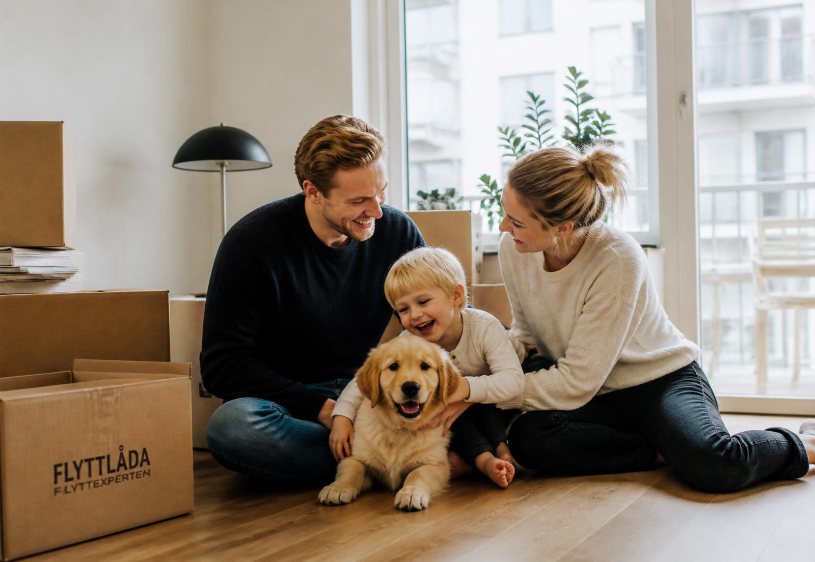 Familj med barn och hund packar upp kartonger i sitt nya hem i Stockholm