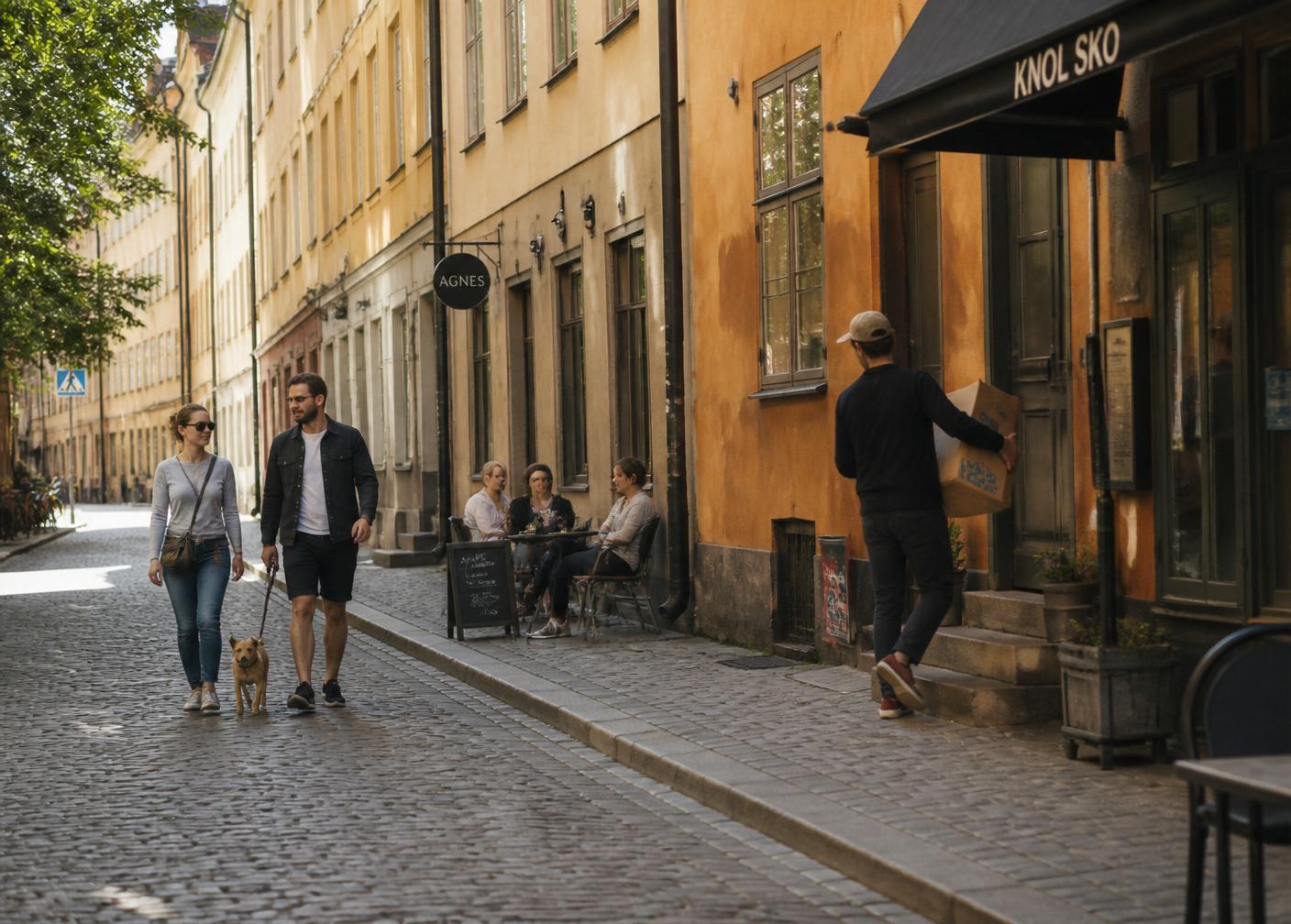 Färgglada husfasader och kullerstensgata på Södermalm i Stockholm